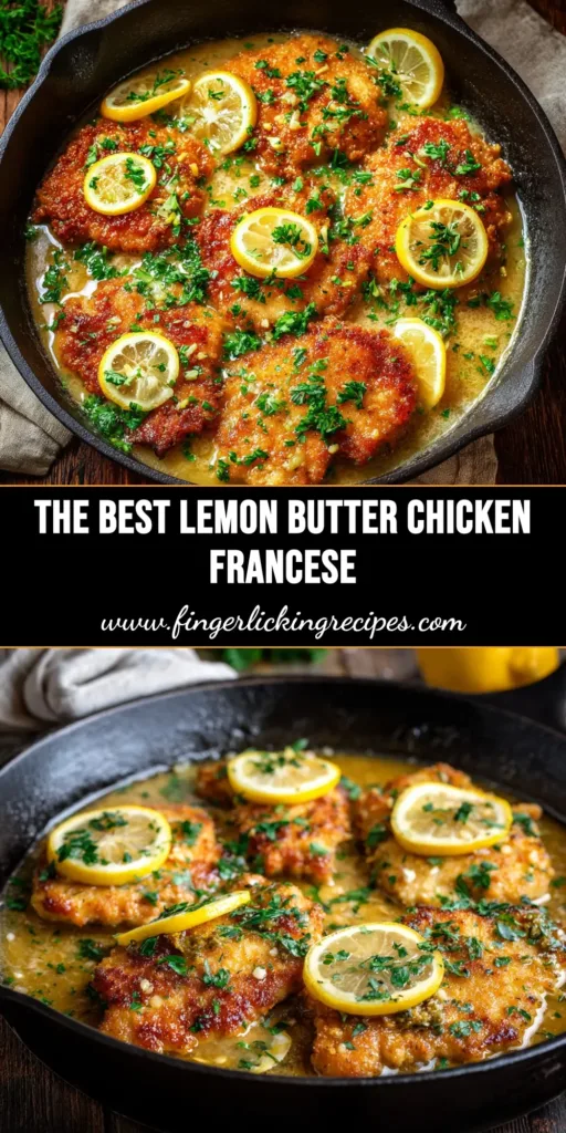 A delicious and easy Chicken Francese Recipe with a golden crust, served in a skillet with a luscious lemon butter sauce and garnished with fresh parsley.