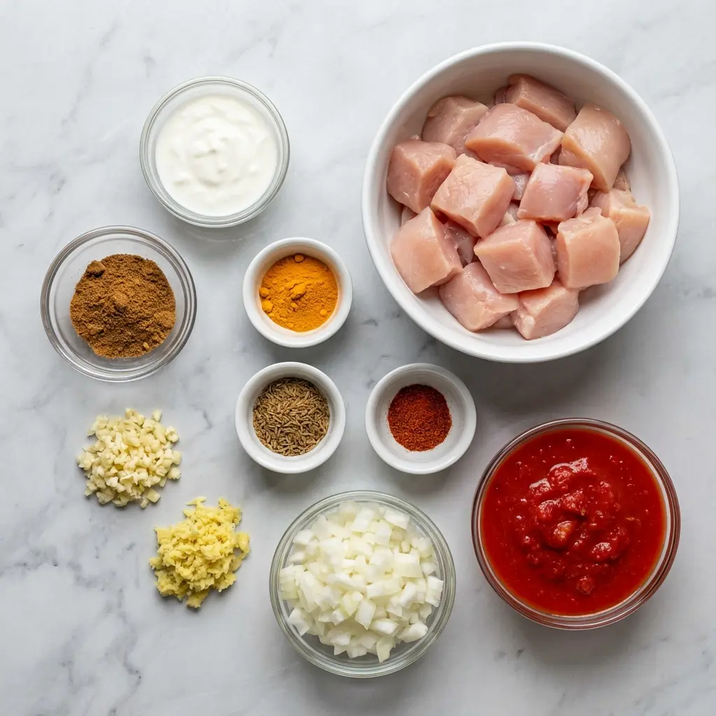 An overhead view of the fresh ingredients for chicken tikka masala meal prep, including chicken, yogurt, tomatoes, and various spices.