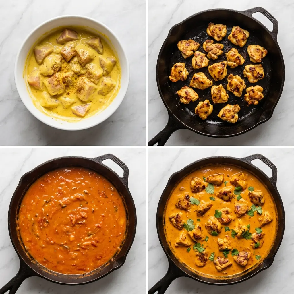 A four-panel image showing the cooking process for chicken tikka masala meal prep, from marinating to simmering.