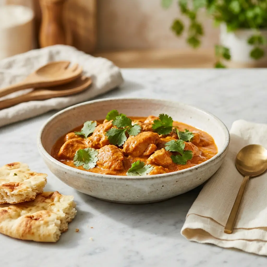 Chicken Tikka Masala with Coconut Milk (The Ultimate Creamy Recipe) 5 A bowl of creamy chicken tikka masala with coconut milk, garnished with fresh cilantro and served with a side of naan bread.