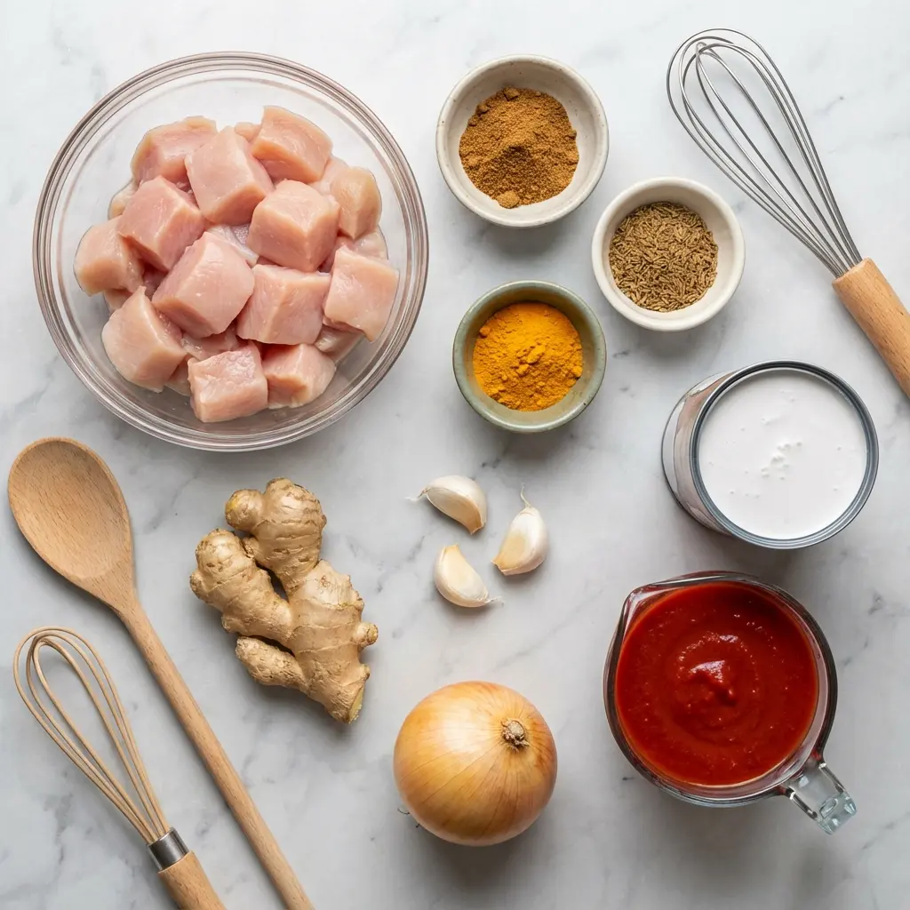 Chicken Tikka Masala with Coconut Milk (The Ultimate Creamy Recipe) 2 Overhead view of ingredients for chicken tikka masala: raw chicken, spices, coconut milk, ginger, garlic, and tomato puree.