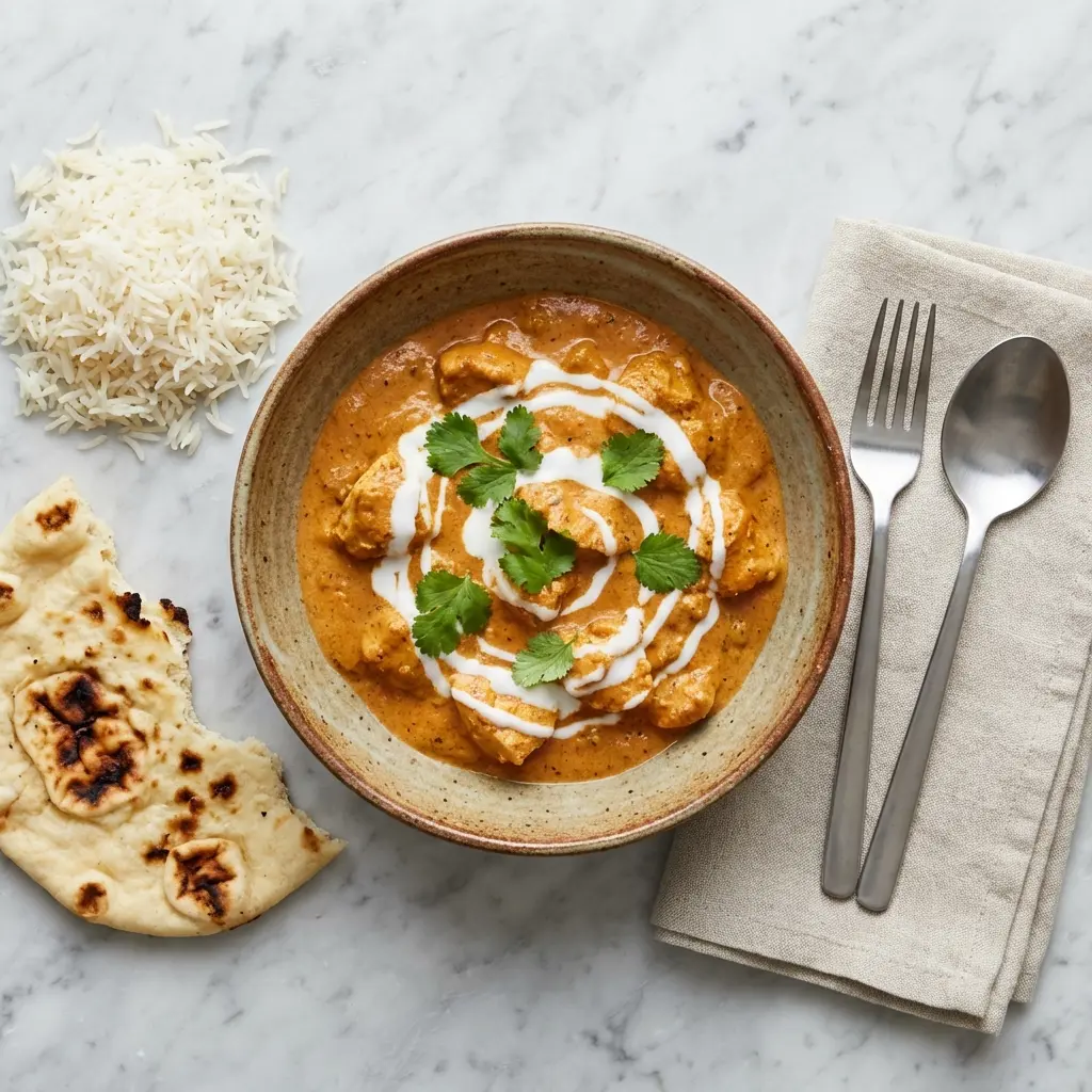 Chicken Tikka Masala with Coconut Milk (The Ultimate Creamy Recipe) 4 Overhead photo of a finished bowl of chicken tikka masala with coconut milk, served with rice and naan bread.