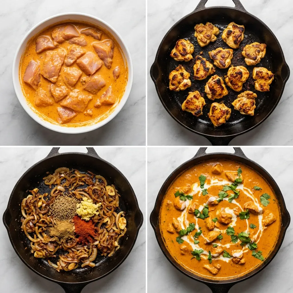 Chicken Tikka Masala with Coconut Milk (The Ultimate Creamy Recipe) 3 A four-panel image showing the steps to make chicken tikka masala: marinating, searing, making the sauce, and simmering.
