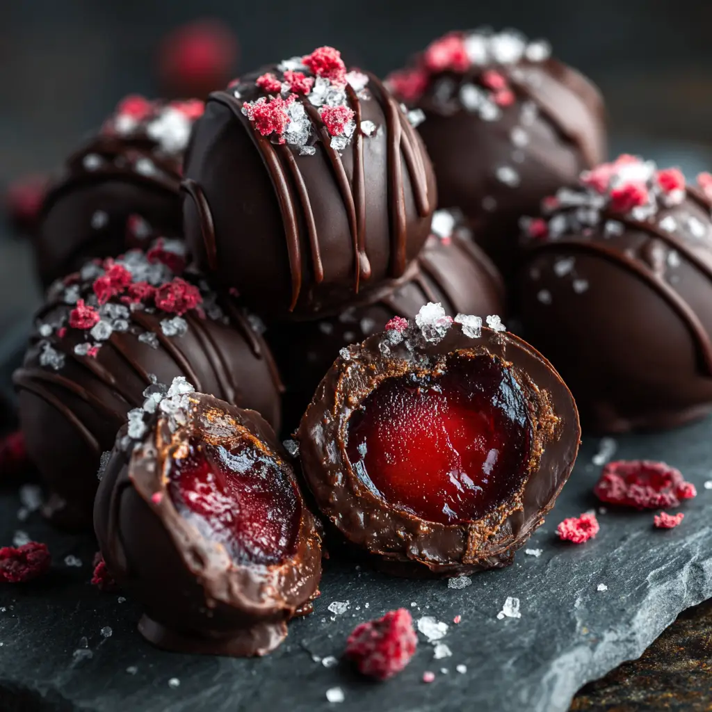 A single chocolate covered cherry cut in half, revealing the perfect white fondant layer and the bright red maraschino cherry inside its liquid center.