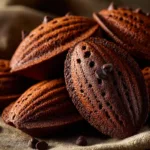 An extreme close-up of a chocolate madeleine, showing the moist and tender crumb texture of these classic French butter cakes.