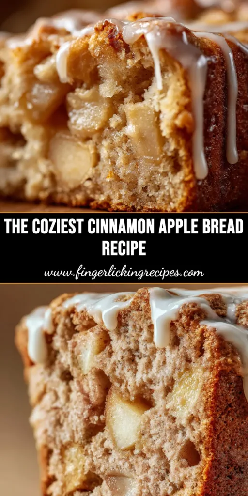 A beautiful loaf of cinnamon apple bread with a white glaze drizzled over the top, sitting next to fresh apples and cinnamon sticks.