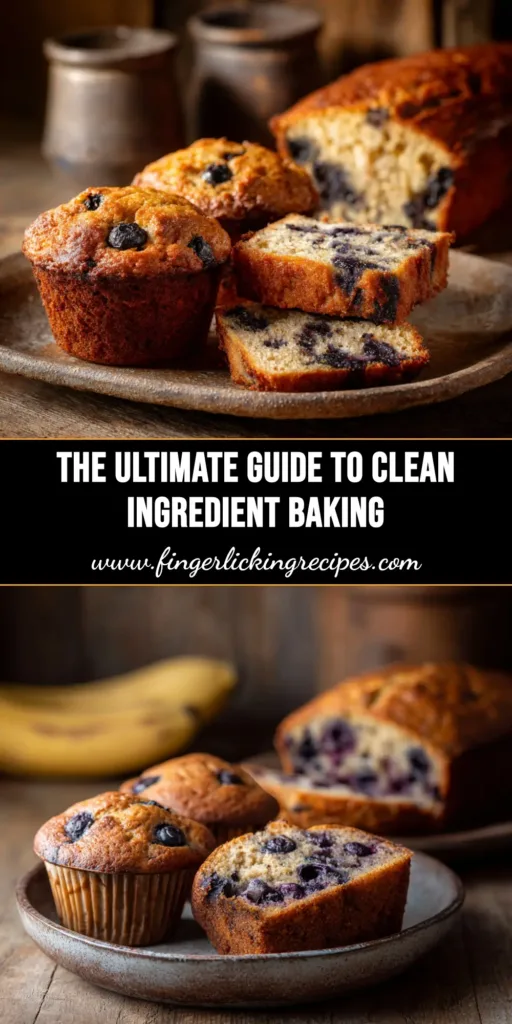 A beautiful overhead shot of healthy blueberry muffins made with clean ingredient baking principles, with a text overlay for Pinterest.