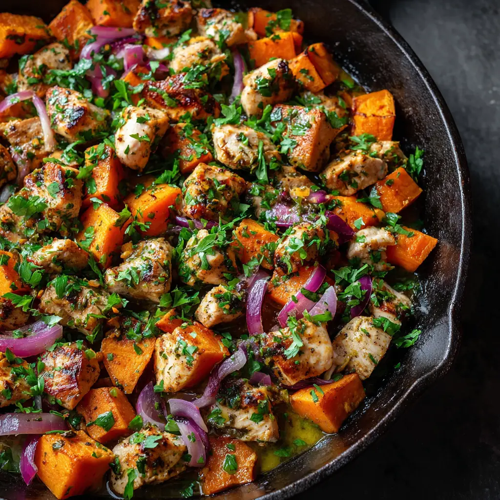 A close-up of the juicy, sliced garlic herb chicken breast next to perfectly roasted potatoes and broccoli on the sheet pan.