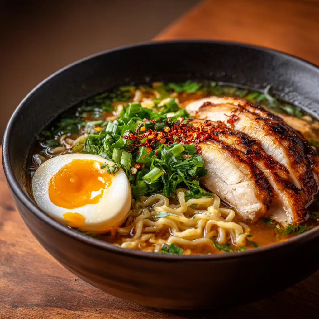 A step-by-step process shot showing the chicken and mushrooms searing in a Dutch oven before the creamy garlic ramen broth is made.