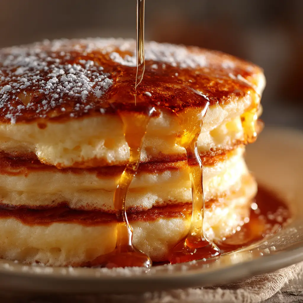 A perfect golden-brown pancake being flipped on a hot griddle, illustrating a key step in the fluffy pancake recipe.