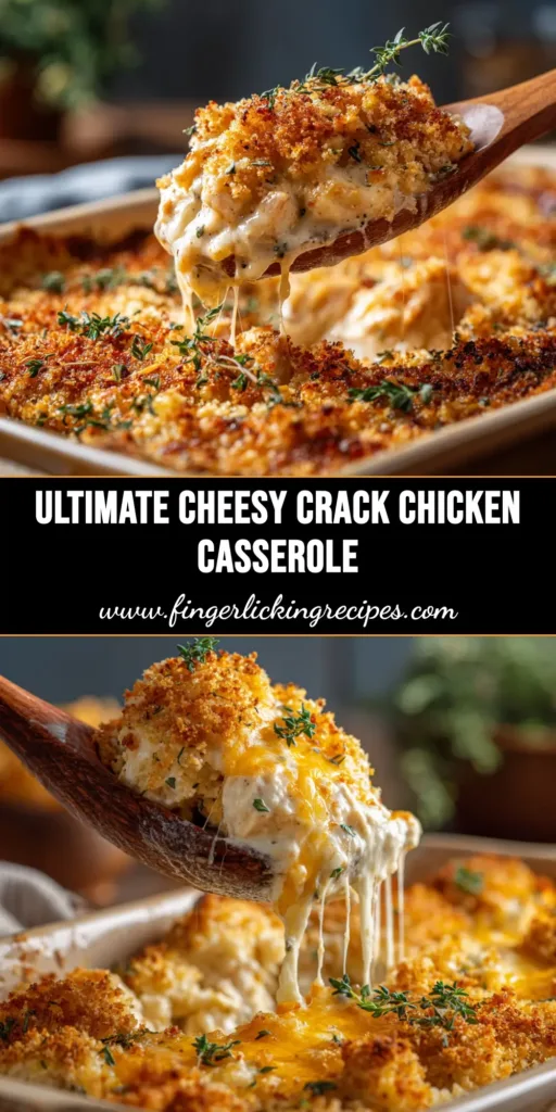 A bubbly, golden brown Crack Chicken Casserole in a baking dish, topped with crispy bacon and fresh green onions.