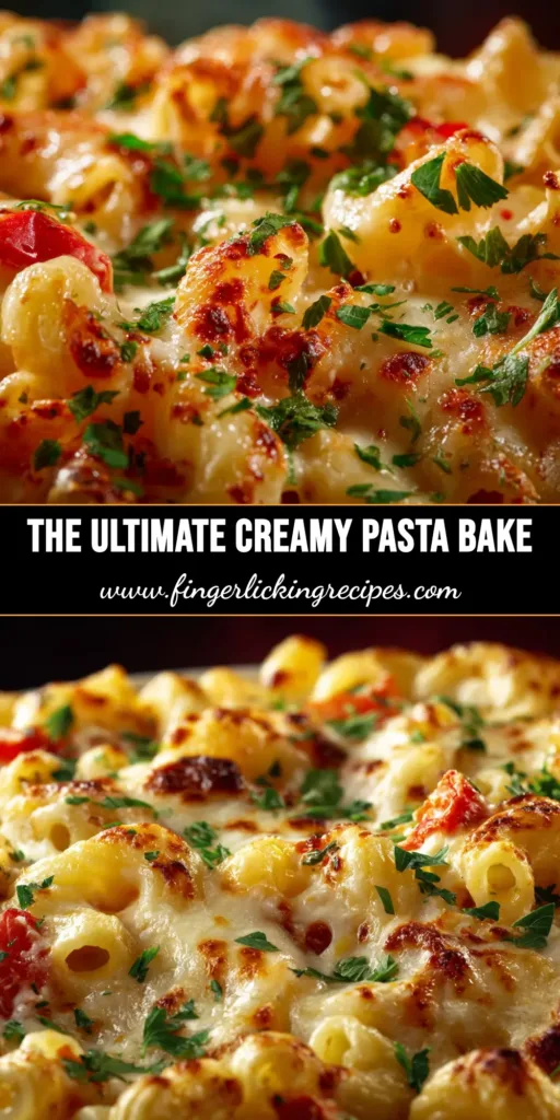 An overhead shot of a creamy and cheesy Cream Cheese Pasta Bake in a white baking dish, ready to be served.