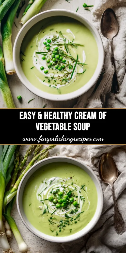 A beautiful bowl of Cream of Spring Vegetable Soup garnished with fresh dill and a swirl of cream, ready to be pinned.