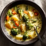 A close-up overhead shot of thick, creamy broccoli and potato soup in a rustic bowl, showing its velvety texture.