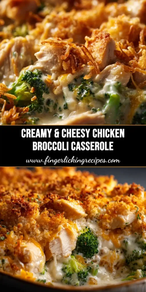 A delicious and creamy Chicken and Broccoli Casserole in a white baking dish, ready to be served. The top is golden-brown and bubbly.