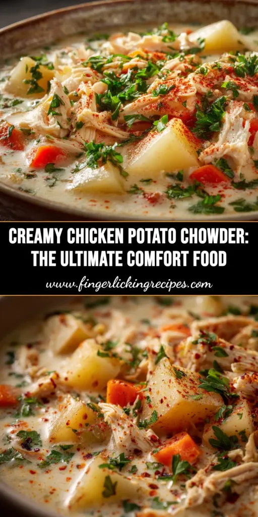 A bowl of creamy chicken and potato chowder garnished with fresh herbs and bacon bits. This one-pot recipe is the ultimate comfort food.
