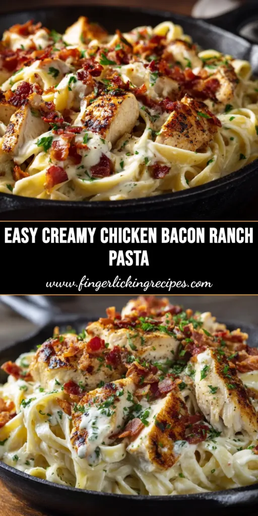 A mouth-watering bowl of creamy Chicken Bacon Ranch Pasta, garnished with fresh parsley and crispy bacon bits. The ultimate easy dinner recipe.