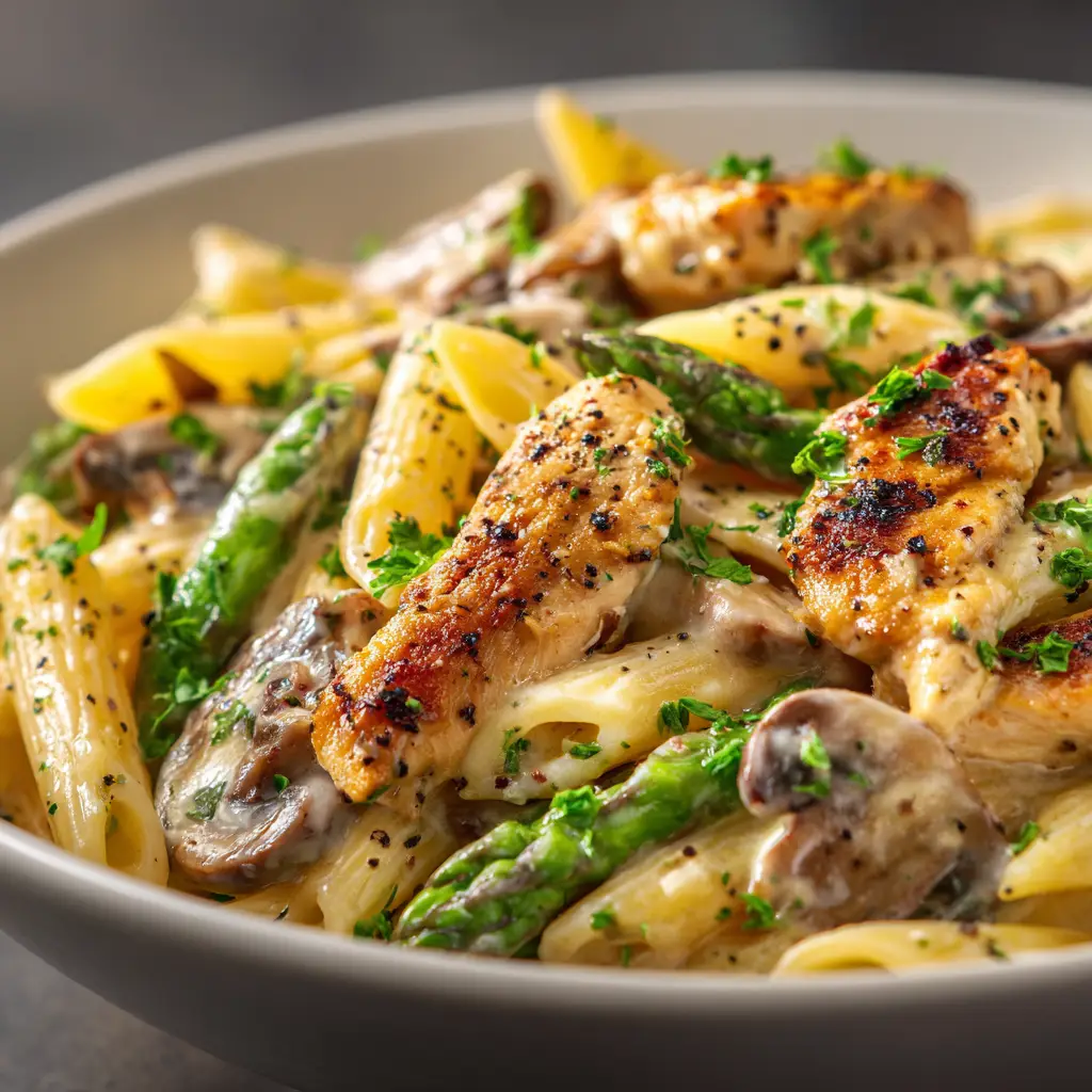 A fork twirling into a bowl of creamy chicken penne, showcasing the perfect bite with chicken, pasta, and sauce.