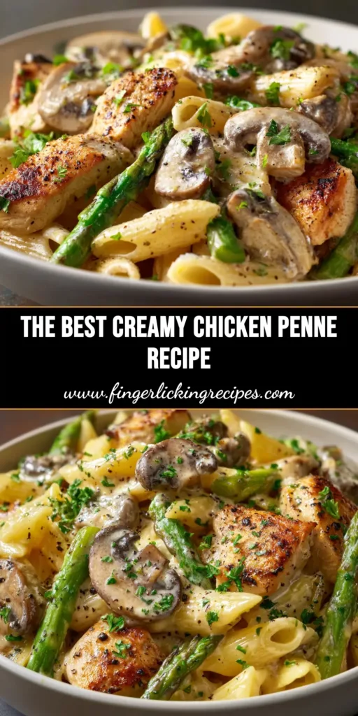 A stunning overhead shot of Creamy Chicken Penne in a white bowl, garnished with fresh parsley. The perfect pin to save for an easy weeknight dinner recipe.