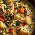 An extreme close-up shot of creamy chicken and potato soup, highlighting the tender pieces of chicken, soft potatoes, and velvety broth.