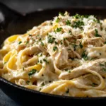 An extreme close-up of crockpot chicken alfredo, showing the creamy sauce coating the fettuccine pasta and tender pieces of shredded chicken.
