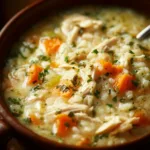 Slow Cooker Creamy Chicken and Rice Soup (The Coziest Recipe) An extreme close-up shot showing the thick and creamy texture of the Crock-Pot chicken and rice soup, with chunks of chicken and vegetables visible.
