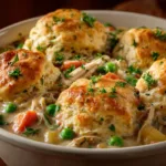 An extreme close-up of creamy crockpot chicken stew, showing tender pieces of shredded chicken, diced carrots, and peas in a rich, savory sauce.