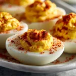 An extreme close-up of a perfectly piped deviled egg, showing the creamy filling and paprika garnish.