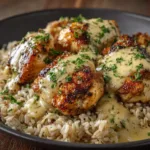 A close-up macro shot of seared, golden-brown chicken cubes being coated in a creamy Dijon mustard sauce in a black skillet.