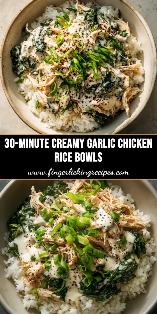 A pin-style image showing a top-down view of a skillet with creamy garlic chicken and rice, with text overlay that reads 'Creamy Garlic Chicken and Rice - The Best One-Pan Dinner'.
