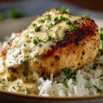 A close-up shot of a golden-brown seared chicken breast resting on a bed of creamy rice and spinach.