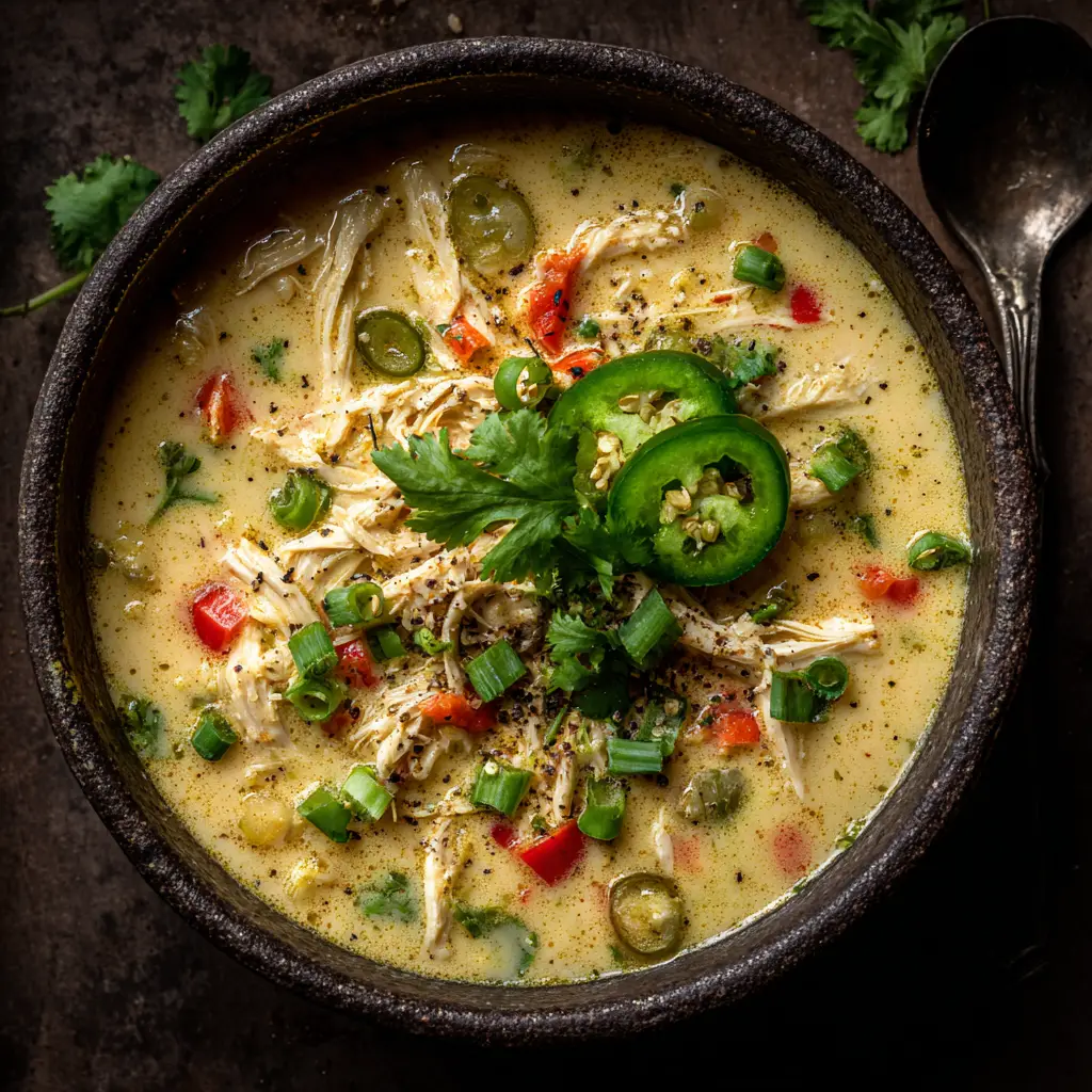 Jalapeño Popper Chicken Soup: The Ultimate Creamy & Spicy Recipe 3 An overhead view of a thick and creamy jalapeño popper soup in a rustic bowl, ready to be served.