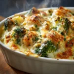A close-up view of the cheesy keto chicken casserole, showing the creamy texture and tender broccoli.