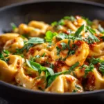 A close-up shot of creamy sun-dried tomato tortellini on a fork, showing the rich texture of the sauce and wilted spinach.
