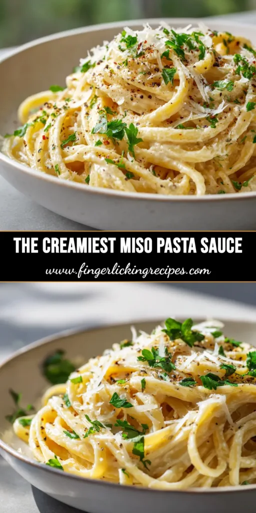A stunning bowl of creamy Miso Pasta Sauce with linguine, topped with fresh scallions and sesame seeds. The ultimate umami-rich dinner recipe ready in 20 minutes.