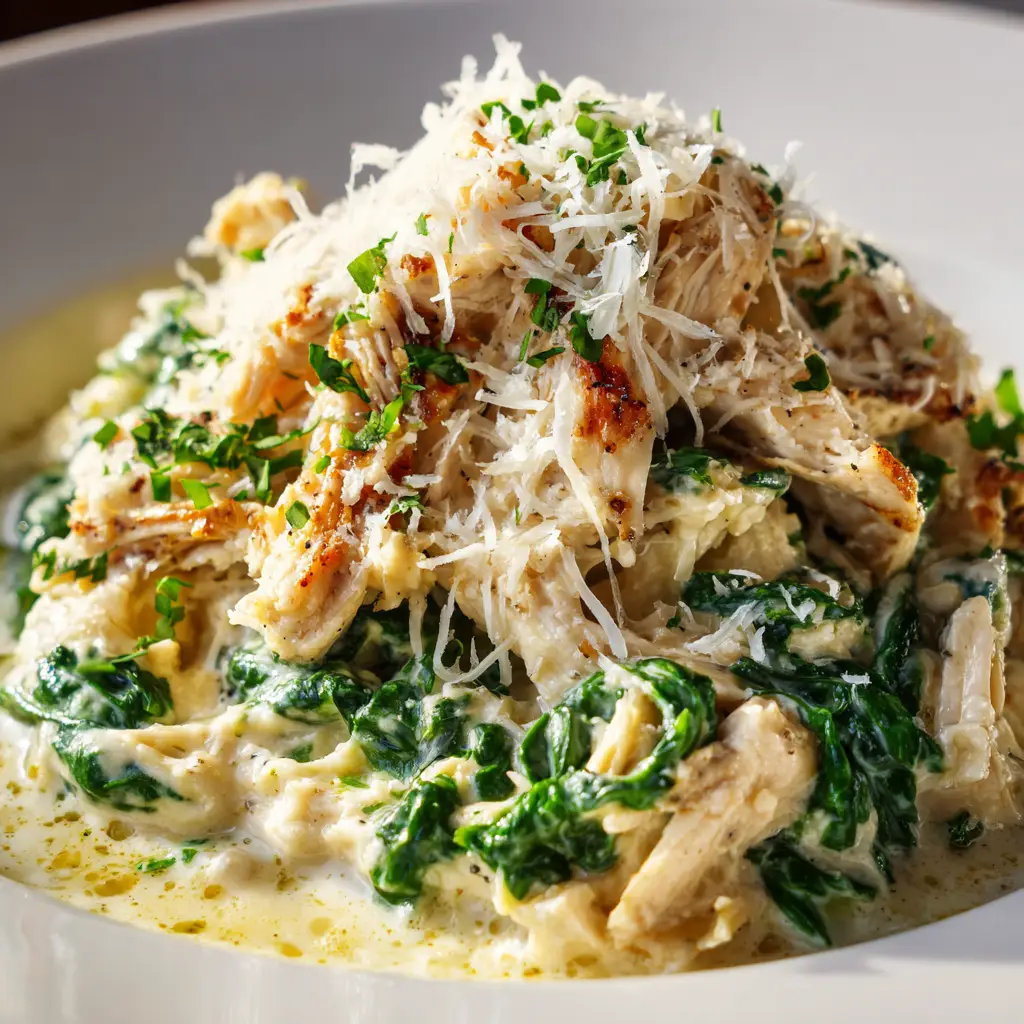 One-Pan Creamy Parmesan Chicken (The Easiest 30-Minute Dinner) 3 An extreme close-up of a piece of parmesan chicken, showing the texture of the juicy meat and the rich, creamy sauce.