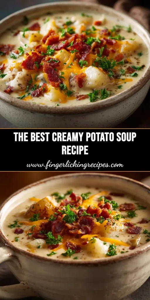 A delicious and creamy potato soup recipe served in a white bowl, garnished with chives and bacon. The perfect comfort food for a cozy evening.