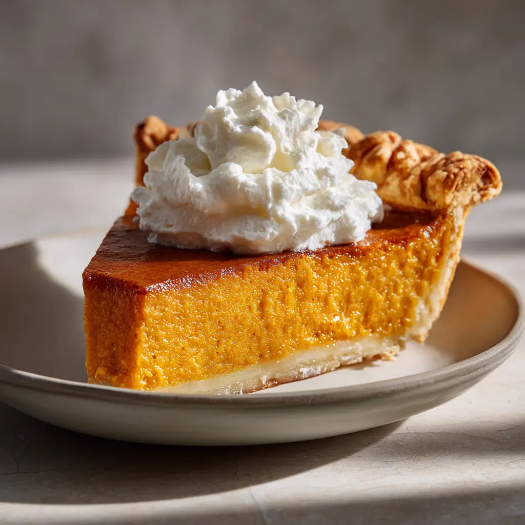 Award-Winning Pumpkin Pie Recipe for a Perfect Holiday 2 A close-up view of the creamy pumpkin pie filling texture, showing how smooth and perfectly set it is.