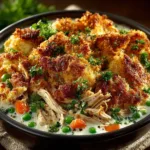 Crockpot Chicken and Veggie Casserole (Easy & Creamy!) A close-up macro shot of the creamy slow cooker chicken casserole, highlighting the tender shredded chicken and vegetables.