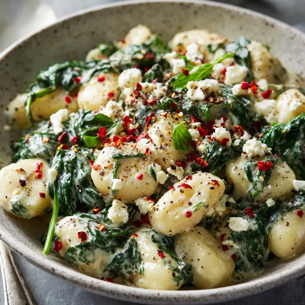 A spoonful of the finished creamy spinach and feta gnocchi being lifted from the bowl, showcasing the delicious, cheesy texture.