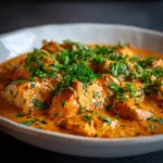 A close-up shot of creamy tomato chicken being served over pasta, showing the velvety texture of the tomato cream sauce clinging to the chicken.