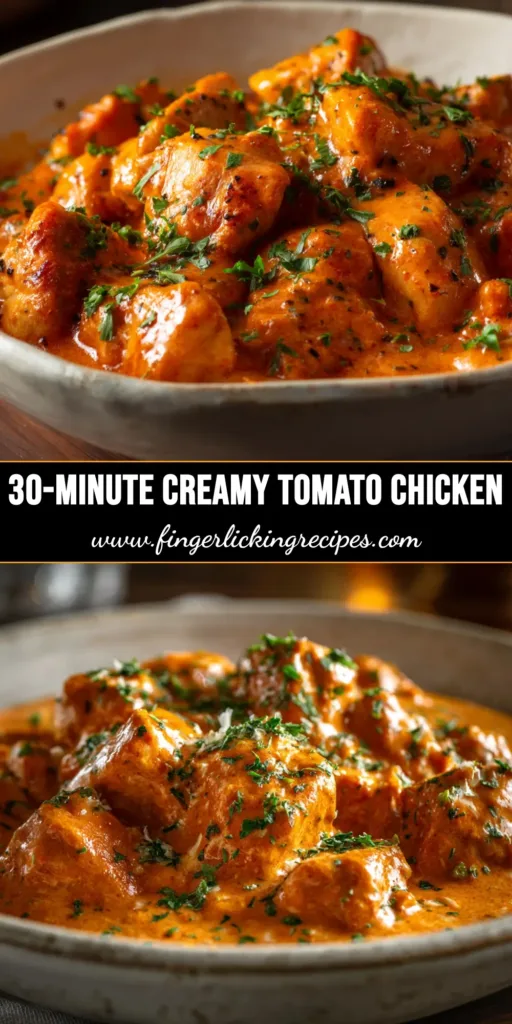 A skillet of creamy tomato chicken topped with fresh parsley, served in a white bowl. The perfect one-pan 30-minute weeknight dinner recipe.