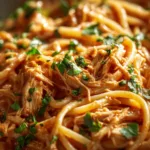 One-Pan Creamy Tomato Chicken Pasta (Easy 30-Minute Meal) A close-up macro shot of the creamy tomato sauce clinging to a piece of penne pasta and chicken.