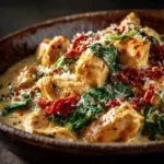 Slow Cooker Tuscan Chicken (The Easiest, Creamiest Recipe!) An extreme close-up shot of creamy Tuscan chicken, showing the rich texture of the sauce with spinach and sun-dried tomatoes.
