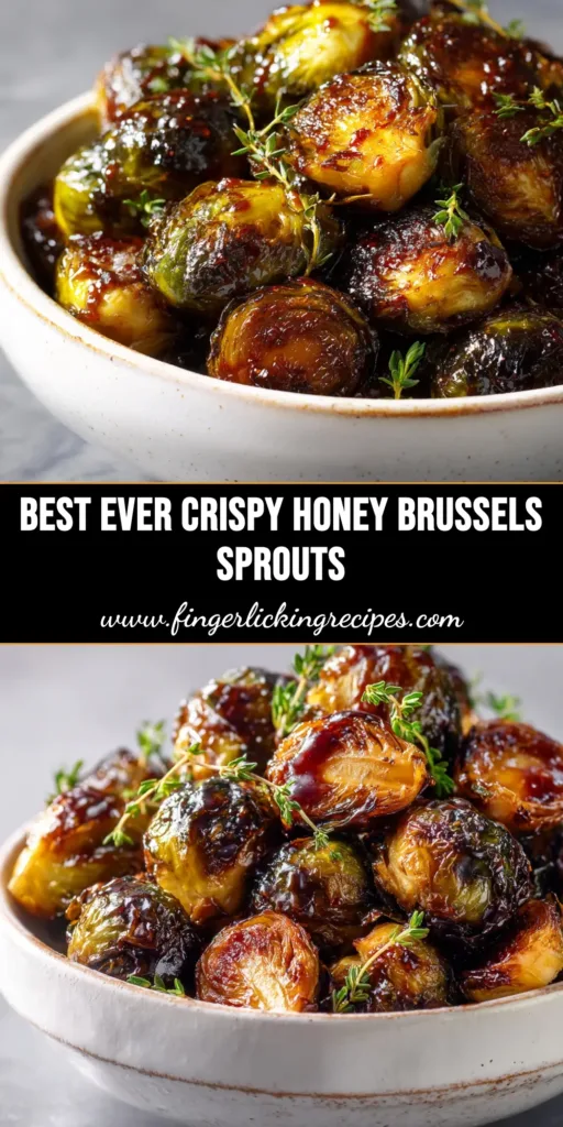 A close-up overhead shot of Crispy Honey Balsamic Brussels Sprouts in a white serving bowl, ready to be shared. The sprouts are glistening with glaze and perfectly caramelized.