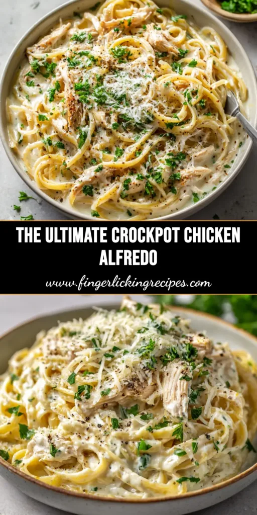 An overhead shot of creamy Crockpot Chicken Alfredo in a white bowl, garnished with fresh parsley. The perfect easy slow cooker dinner idea.