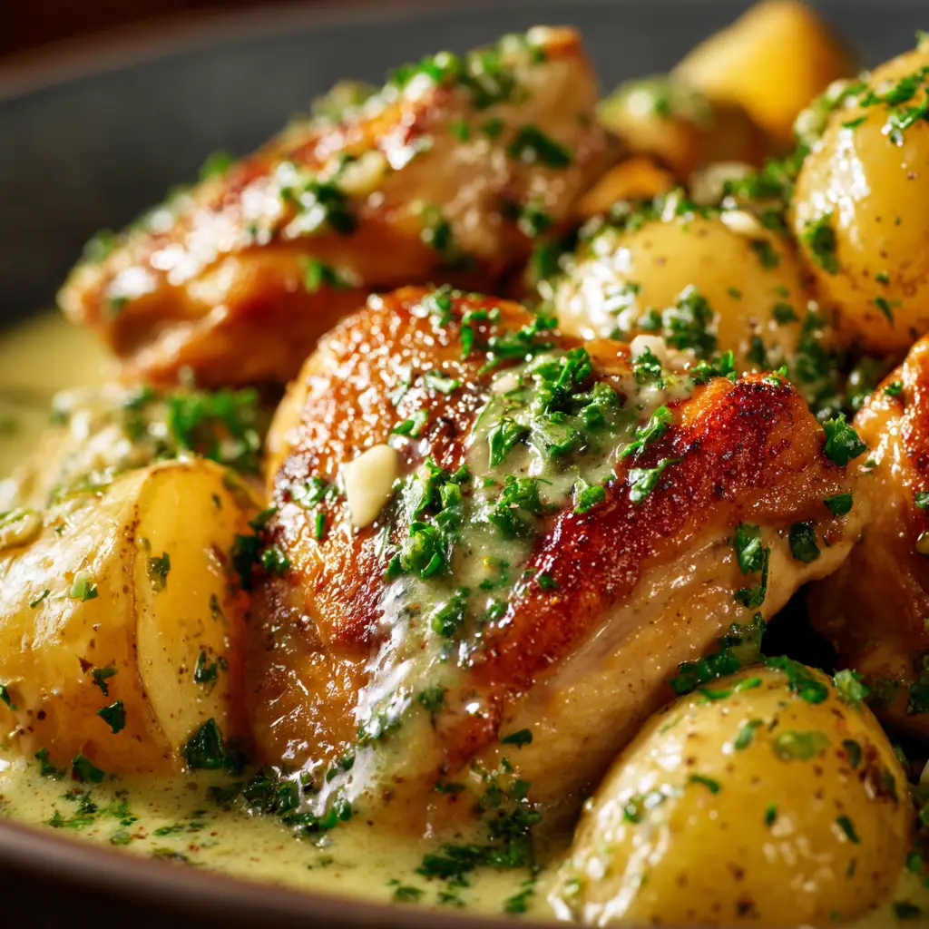 Seasoned chicken breasts layered over potatoes and carrots in a crockpot before cooking. Shows the simple preparation for this easy recipe.