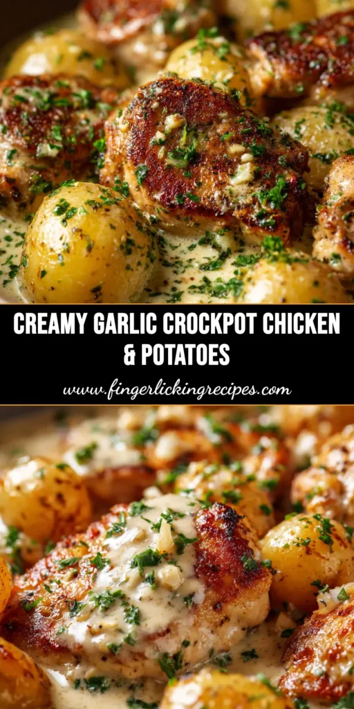 An overhead shot of a serving bowl filled with savory Crockpot Chicken and Potatoes, garnished with fresh parsley. The perfect one-pot slow cooker meal.