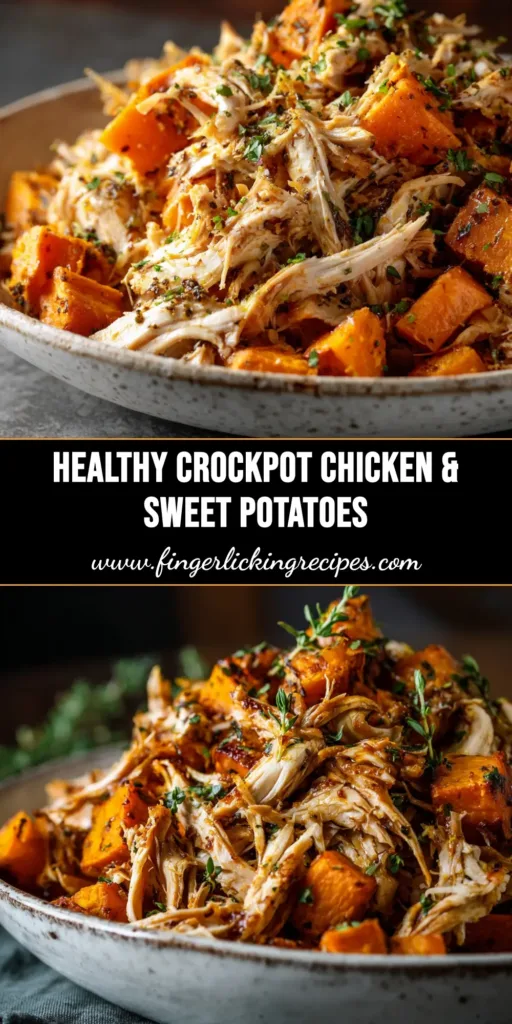 A top-down view of a white bowl filled with Crockpot Chicken and Sweet Potatoes, garnished with fresh parsley. The shredded chicken is mixed with chunks of sweet potato in a savory sauce.