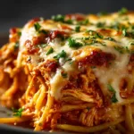 An extreme close-up of Crockpot Chicken Parmesan, showing the juicy chicken and bubbly, golden-brown mozzarella and Parmesan cheese topping.
